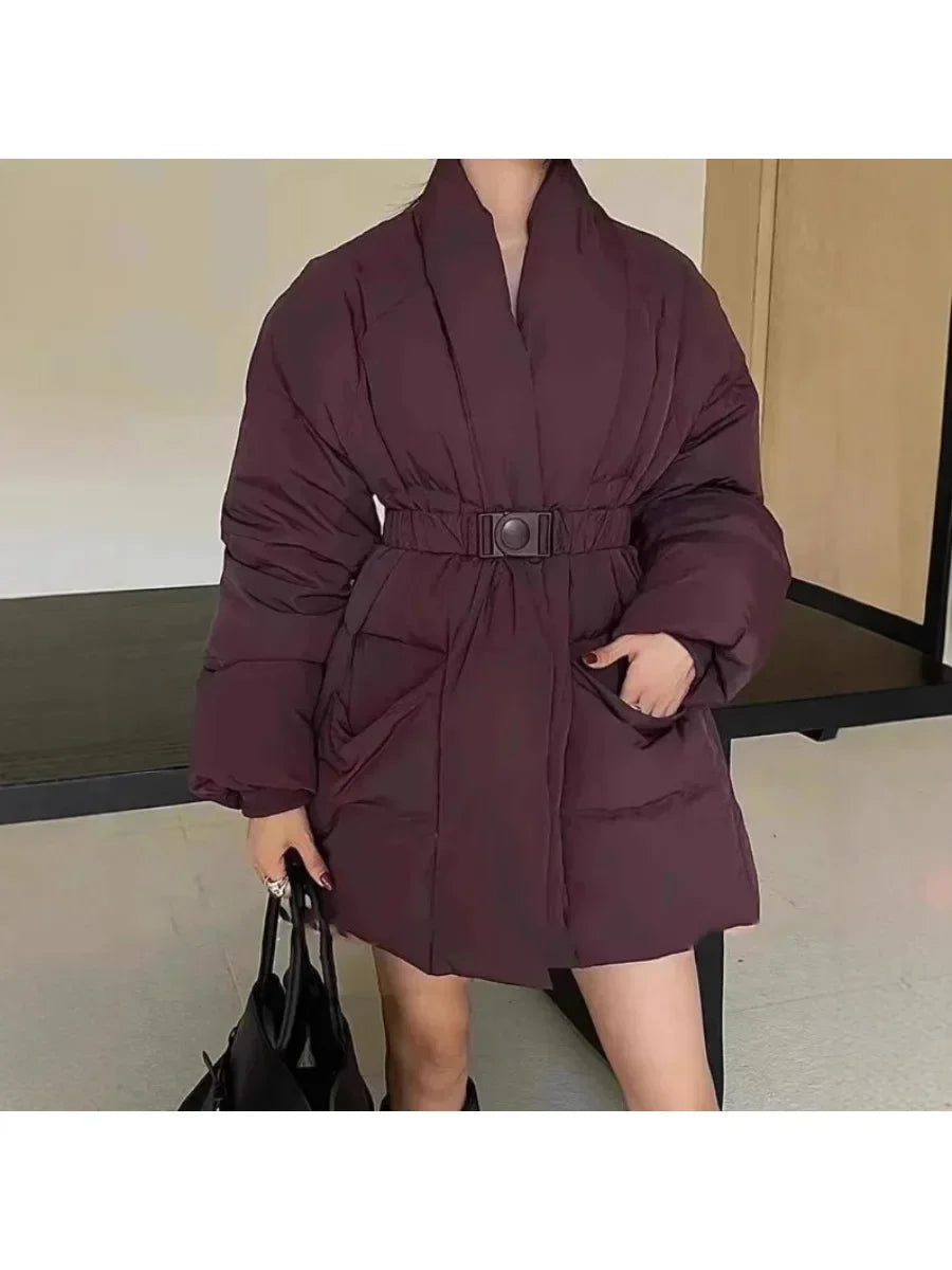 Solid Spliced Belt Loose Jackets for Women V Neck Long Sleeve Temperament Parkas Female Fashion Style