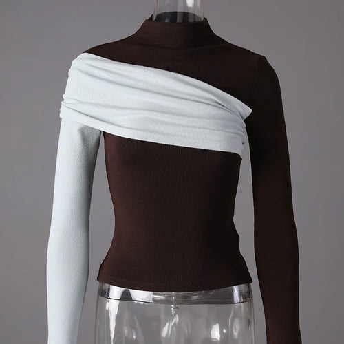 Load image into Gallery viewer, Women Black Coffee Color-block Elegant Slim T-shirt New Turtleneck Long Sleeve Fashion Tide Spring Autumn 2025 CPG3266
