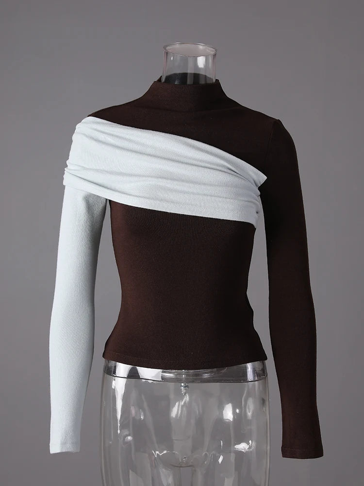 Women Black Coffee Color-block Elegant Slim T-shirt New Turtleneck Long Sleeve Fashion Tide Spring Autumn 2025 CPG3266