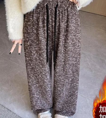 Autumn Winter New Brown Velvet High Waisted Loose Knitted Wide Leg Trousers For Women Grey Drawstring Lace-up Straight Long Pant