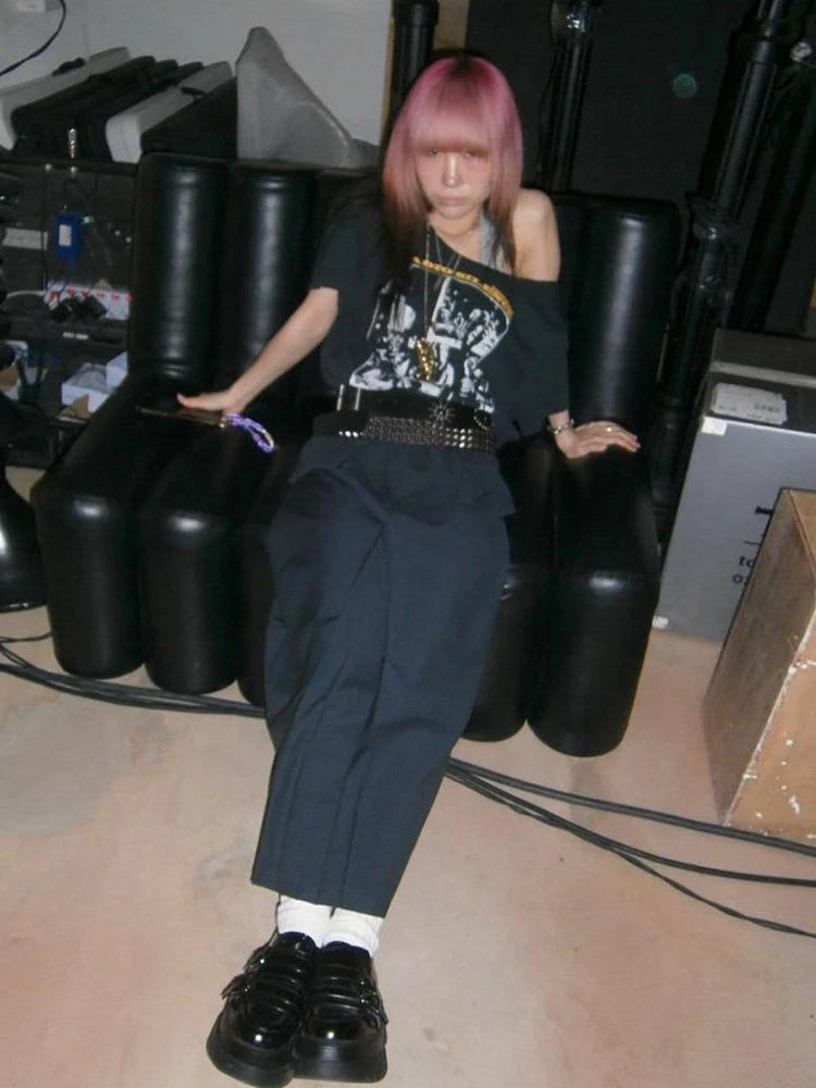 Print Rough Edges t-Shirt Women Slanted Shoulders Skinny Street Simple Classic Summer Trend Leisure Sexy Loose Daily Tops