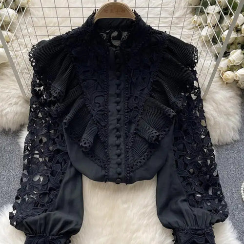 Load image into Gallery viewer, Women's Vintage Sweet Solid Long Sleeved Ruffle Edge Lace Shirt Y2k Korean Fashion Tide Autumn Winter 2023 Hollowed Out Tops New

