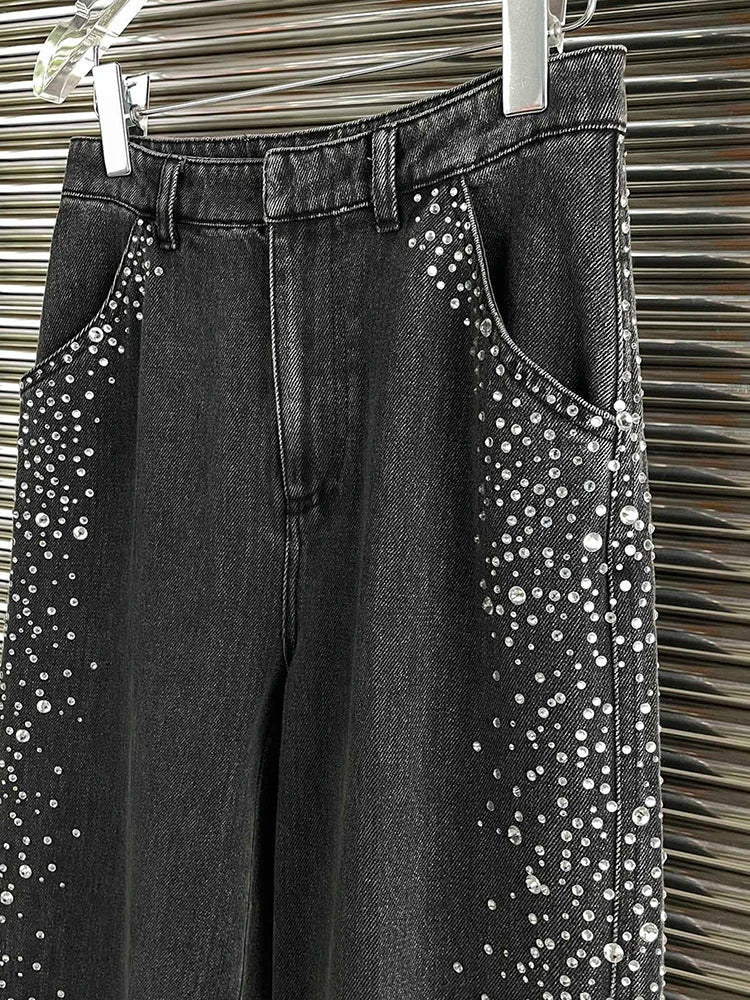 Patchwork Diamonds Denim Pants For Women High Waist Spliced Button Loose Wide Leg Jeans Female Fashion Clothes