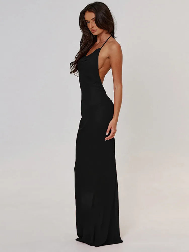 Elegant Halter Bandage Backless Sexy Evening Long Dress For Women Bodycon 2024 Fashion Solid Slim Hollow Out Maxi Dress