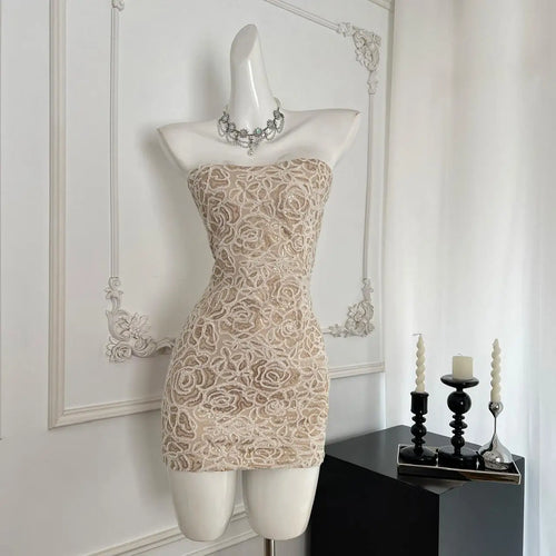 Load image into Gallery viewer, Summer 2024 Retro Beige Sequins Elegant Backless Birthday Party Short Dress Women Sexy Club Sleeveless Strapless Evening Dresses
