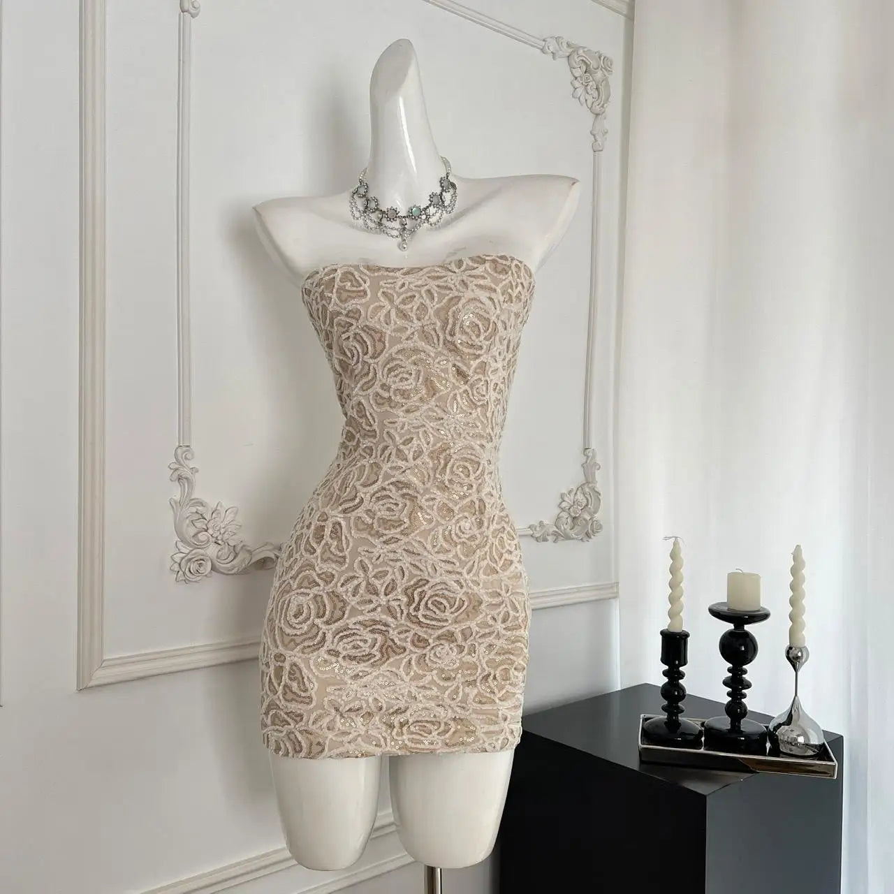 Summer 2024 Retro Beige Sequins Elegant Backless Birthday Party Short Dress Women Sexy Club Sleeveless Strapless Evening Dresses