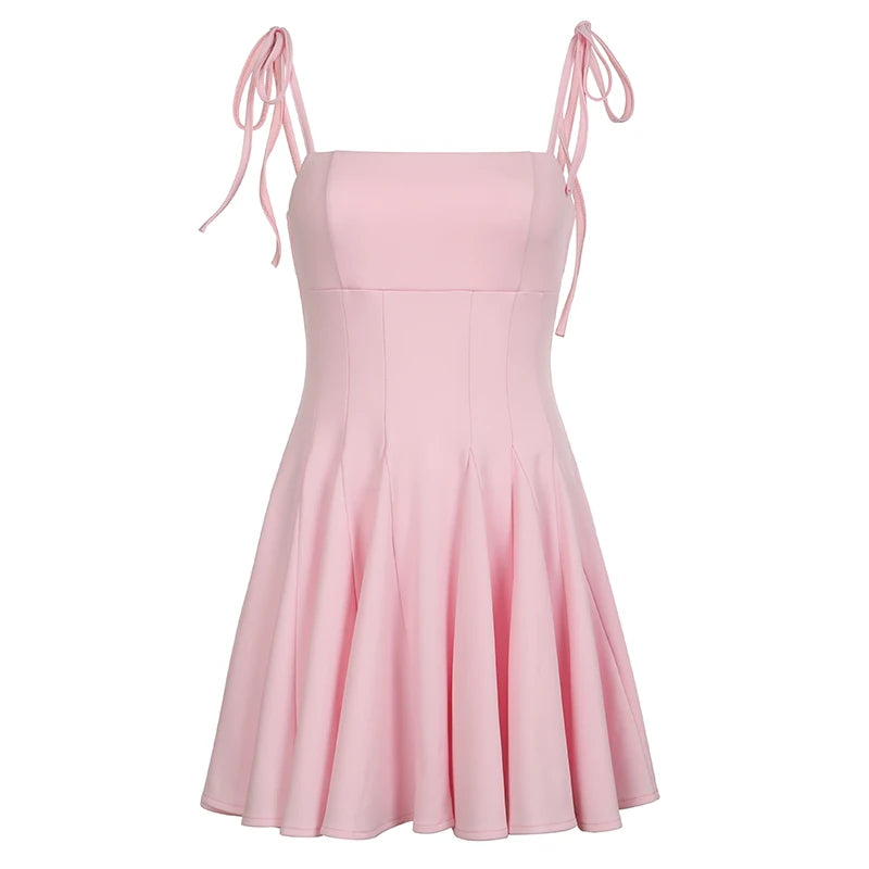 Fashion Strappy Pink Summer Pleated Dress Women Folds Off Shoulder Sweet Mini Dresses Korean Coquette Clothes Party