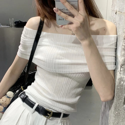 Load image into Gallery viewer, Slash Neck Short Sleeve Y2k Aesthetic T-Shirts Women Chic Off Shoulder Slim Tshirts Summer Fashion Casual Bottoming Tee Shirts
