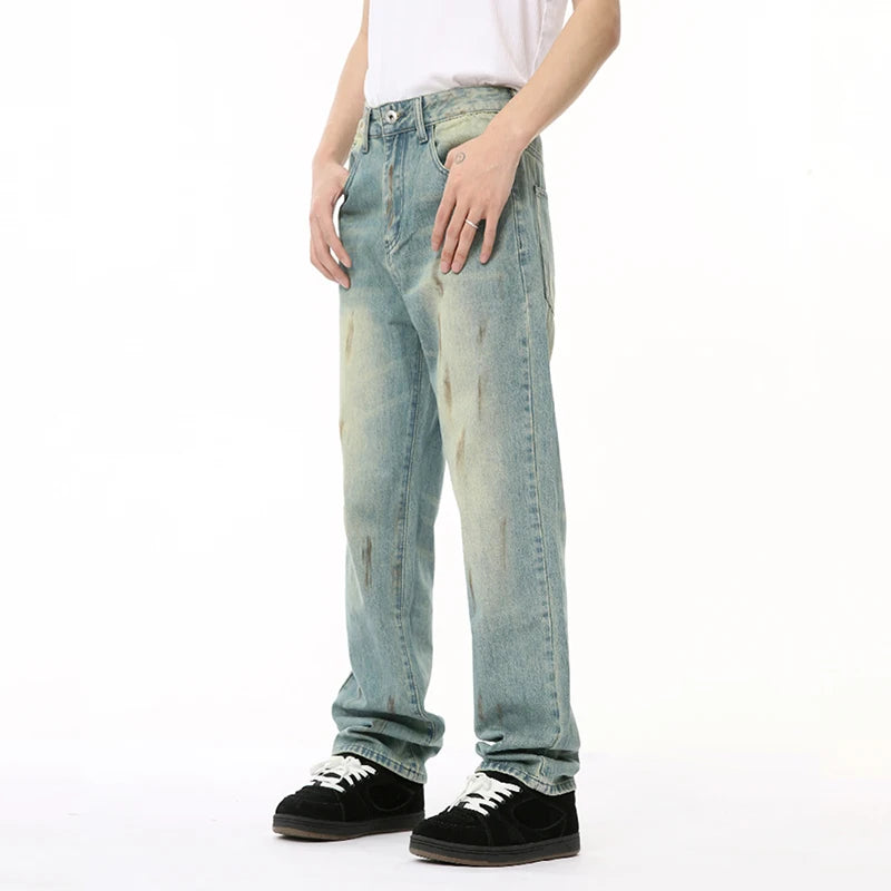 Male Denim Pants New American Worn-out Vintage Splash Ink Whiten Washed Straight Leg Jeans Summer Trendy 9C6674