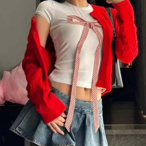 Load image into Gallery viewer, Crop Tops Shirts for Women Chic Sweet T Shirts 2024 Ropa Mujer Bandage Bow O-neck Short Sleeve White Tshirts Casual Y2k T-shirt
