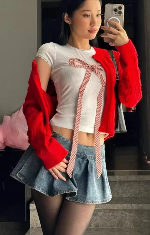 Crop Tops Shirts for Women Chic Sweet T Shirts 2024 Ropa Mujer Bandage Bow O-neck Short Sleeve White Tshirts Casual Y2k T-shirt