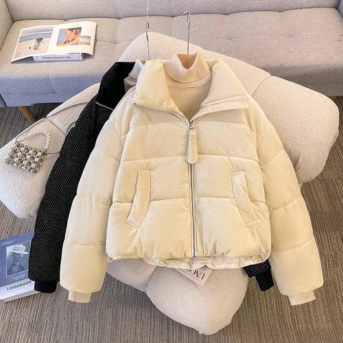 Load image into Gallery viewer, Korean Women Solid Long Sleeves Parkas Autumn Winter Warm Short Down Cotton Jacket Stand Collar Zipper Coat New Fashion Clothing
