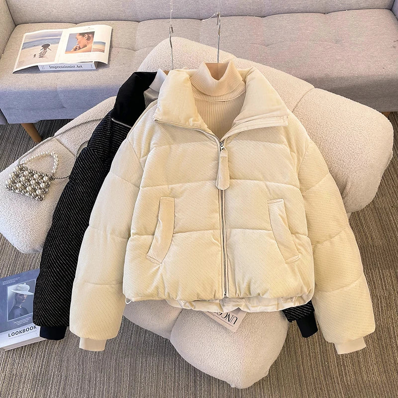 Korean Women Solid Long Sleeves Parkas Autumn Winter Warm Short Down Cotton Jacket Stand Collar Zipper Coat New Fashion Clothing