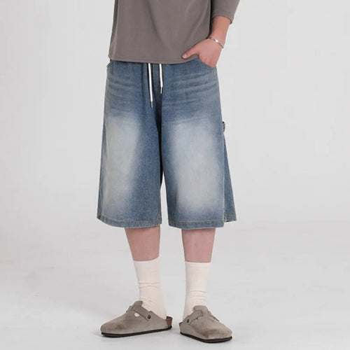 Load image into Gallery viewer, Men&#39;s Washed Wide Leg Denim Shorts New Summer Loose Solid Color Korean Elastici Waist Niche Cropped Trendy Bottoms 9W1637
