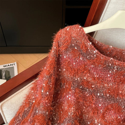 Load image into Gallery viewer, Autumn Winter 2025 Grey Patchwork Elegant Pullover Fashion Short Sweater Women Orange Long Sleeve Knitwear Warm Tops Streetwear
