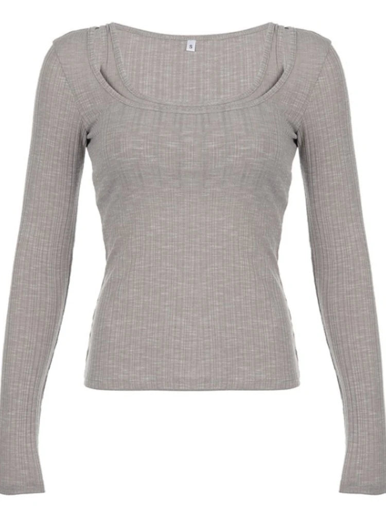 Two Pieces Set Autumn Simple Casual Long Sleeve Vintage Women T-shirts + Japanese Solid Bottoming Y2k Aesthetic All Match Tanks