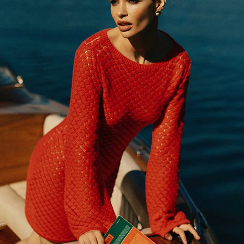 Load image into Gallery viewer, Backless Long Sleeve Knit Mini Dress For Women Fashion Elegant Spring Summer See Through Beach Holiday Dress Beachwear
