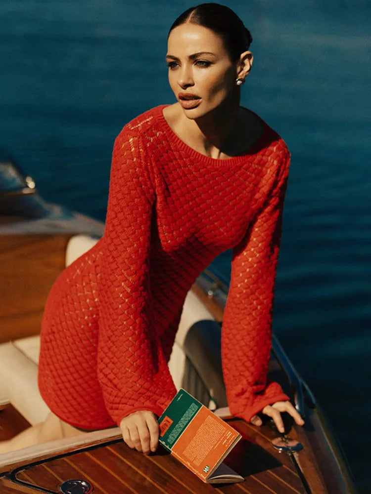 Backless Long Sleeve Knit Mini Dress For Women Fashion Elegant Spring Summer See Through Beach Holiday Dress Beachwear