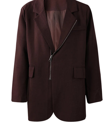 Women Wine Red Zipper Big Size Elegant Blazer New Lapel Long Sleeve Jacket Fashion Tide Spring Autumn 2025 7AB8207