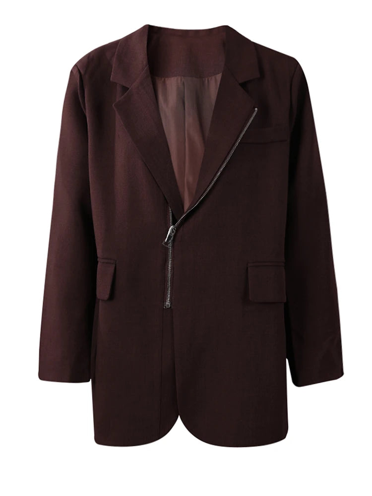 Women Wine Red Zipper Big Size Elegant Blazer New Lapel Long Sleeve Jacket Fashion Tide Spring Autumn 2025 7AB8207