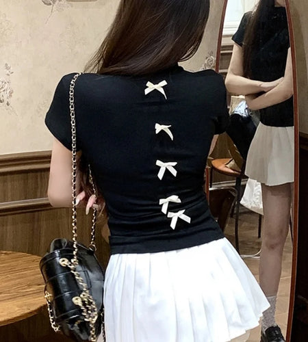 y2k Crop Tops Women Summer Clothes Rhinestone Bow Mock Neck Short Sleeve T Shirts 2000s Aesthetic Clothing Streetwear