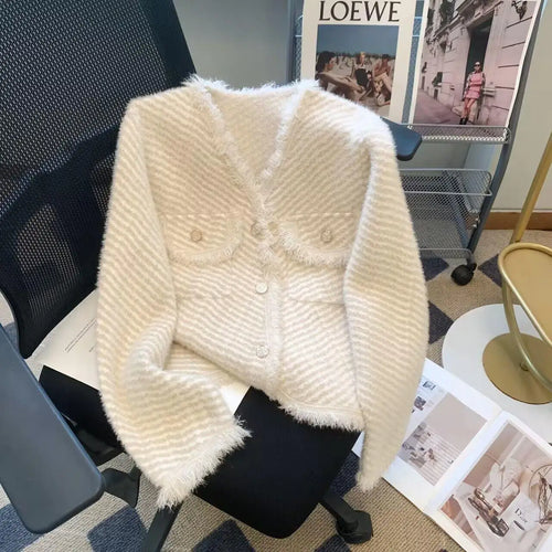 Load image into Gallery viewer, Autumn Winter Korean V Neck Striped Tassel Knitted Cardigan Coat Women&#39;s Elegant Single Breasted Thick Mohair Sweater Fashion
