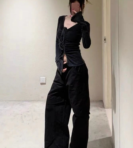 Autumn Black Sexy Halter Streetwear Tees Single Breasted Pleated Harajuku Slim Tops Grunge Split Women T-shirts Y2k Aesthetic