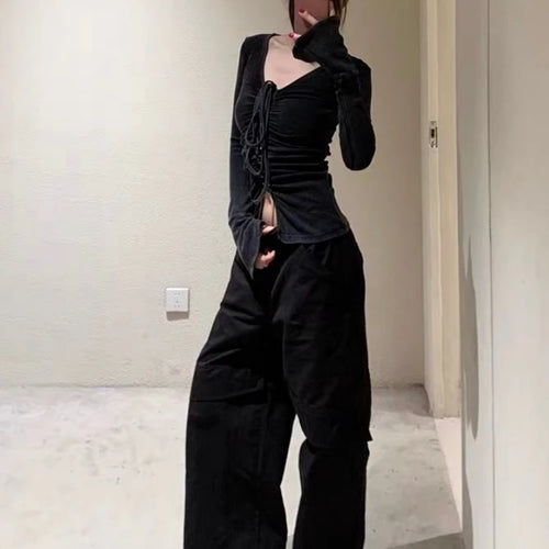 Load image into Gallery viewer, Autumn Black Sexy Halter Streetwear Tees Single Breasted Pleated Harajuku Slim Tops Grunge Split Women T-shirts Y2k Aesthetic
