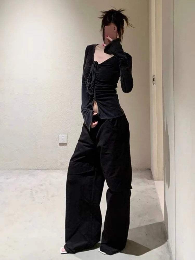 Autumn Black Sexy Halter Streetwear Tees Single Breasted Pleated Harajuku Slim Tops Grunge Split Women T-shirts Y2k Aesthetic