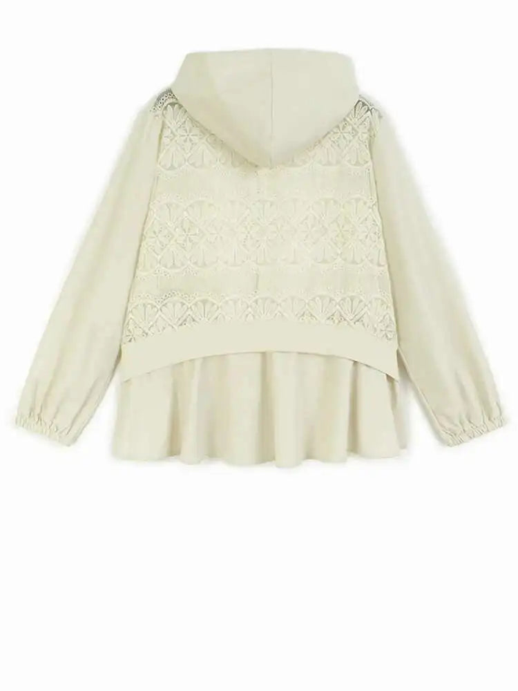 Apricot Lace Perspective Big Size Elegant Jacket New Hooded Long Sleeve Women Coat Fashion Tide Spring Autumn 2025 1DH9294