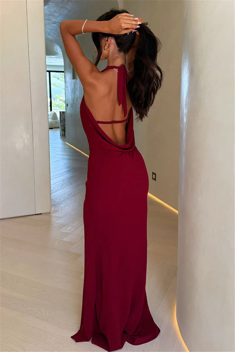 Halter Deep V Neck Sexy Maxi Dress Women Gown Fashion Sleeveless Backless Thigh High Split Bodycon Club Long Dress