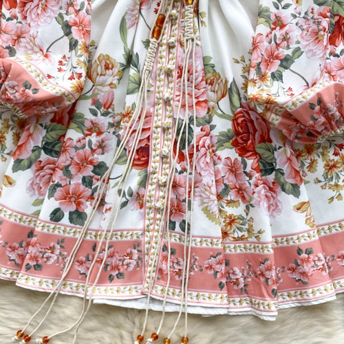 Load image into Gallery viewer, Autumn New Women Fashion White Floral Long Sleeved Lace-up Prom Dress Elegant Single Breasted Princess Pleated Short Dress Boho
