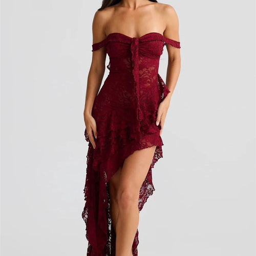 Load image into Gallery viewer, Lace Ruffle Sexy Maxi Dress Women Fashion Summer Off-shoulder Strapless Sleeveless Backless Beach Holiday Club Dress
