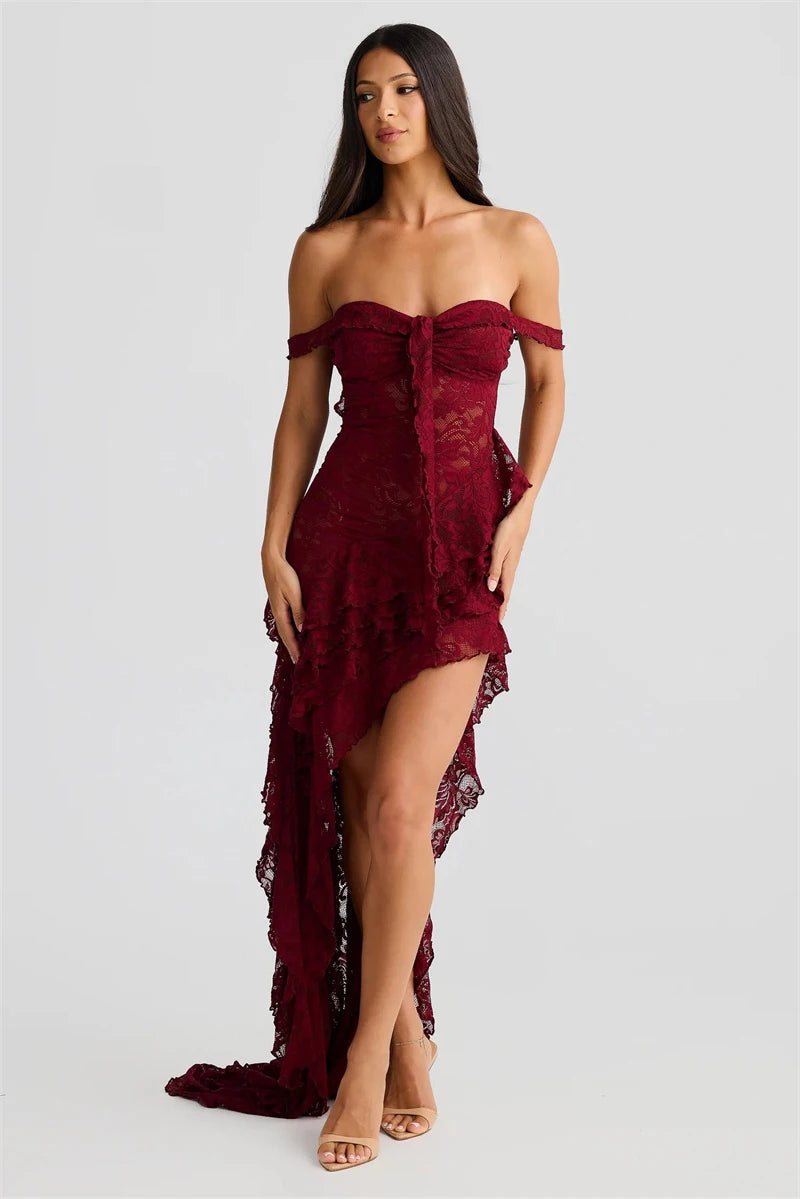 Lace Ruffle Sexy Maxi Dress Women Fashion Summer Off-shoulder Strapless Sleeveless Backless Beach Holiday Club Dress