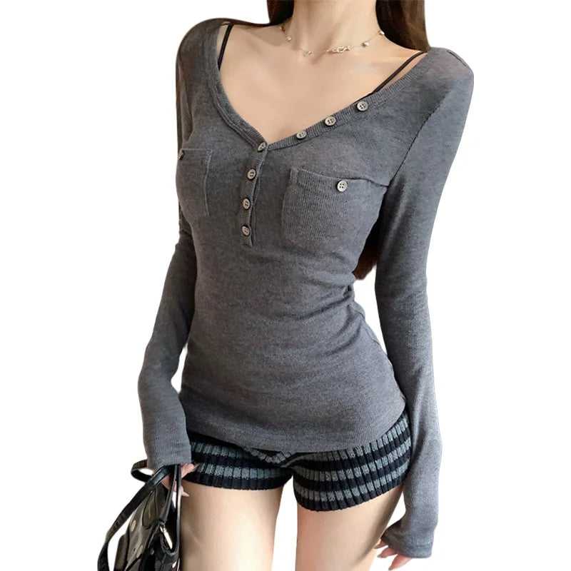 y2k Tops for Women Solid Color Buttons V Neck Slim Fit Long Sleeve T Shirts with Pockets 2000s Clothing Streetwear