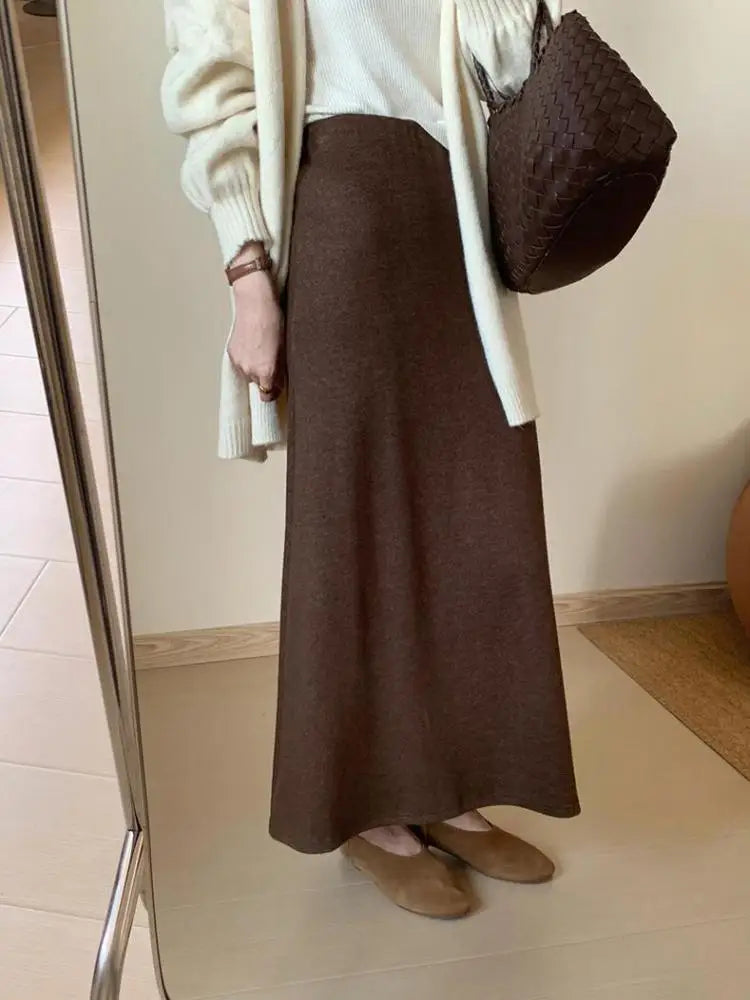 Korean Version 2024 Solid High Waist Versatile Slim Long Skirts For Women Autumn Office Elegant Festival Skirt Simplicity Street