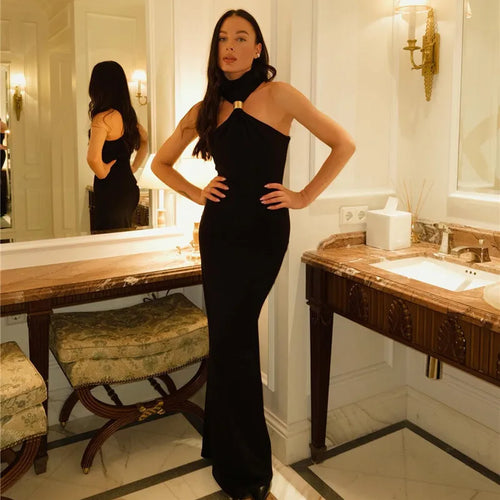 Load image into Gallery viewer, Turtleneck Off-shoulder Sexy Knit Maxi Dress For Women Gown Metal Buckle Strapless Sleeveless High Waist Knitted Dress
