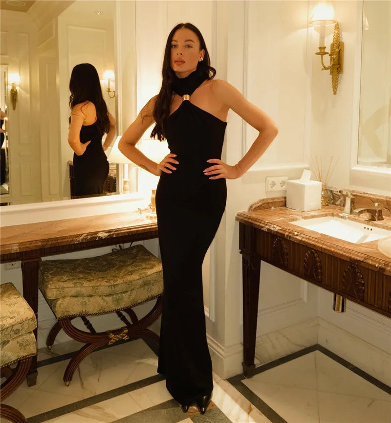 Turtleneck Off-shoulder Sexy Knit Maxi Dress For Women Gown Metal Buckle Strapless Sleeveless High Waist Knitted Dress