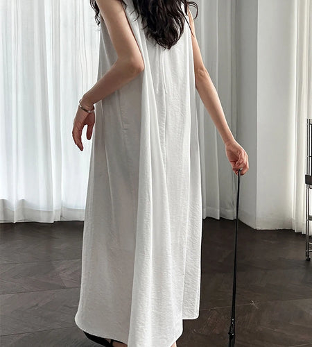 Women White Blue Knot Elegant Big Size Long Vest Dress New Halter Sleeveless Fashion Tide Spring Summer 2025 1DJ1282