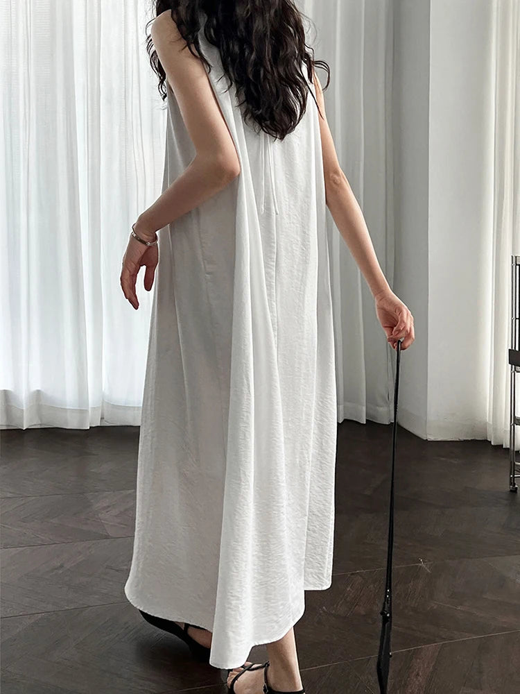 Women White Blue Knot Elegant Big Size Long Vest Dress New Halter Sleeveless Fashion Tide Spring Summer 2025 1DJ1282