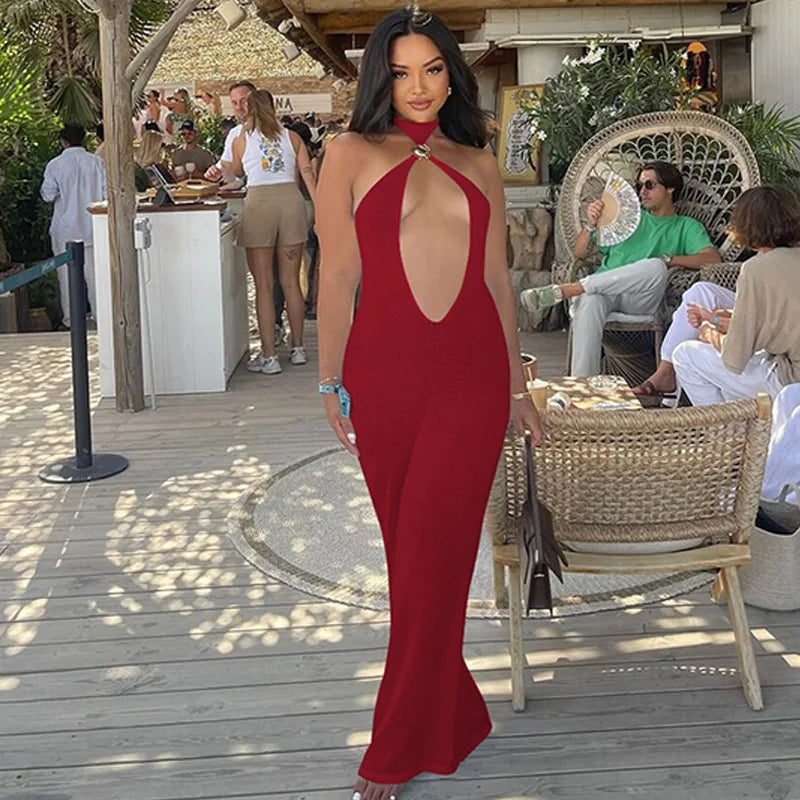 Halter Hollow Out Sexy Maxi Dress For Women Gown Fashion Off-shoulder Sleeveless Backless Bodycon Beach Club Dress
