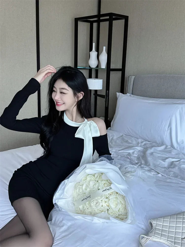 Black Off Shoulder Bodycon Mini Dress Women Sexy Wrap Slim Short Dresses Evening Party Korean Fashion Kpop Bow