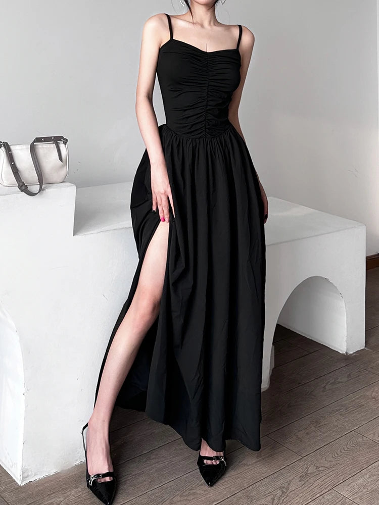 Spaghetti Strap Black Folds Corset Maxi Pleated Dress Female Fashion Elegant Sexy Ruched Long Dreses Korean Clothing