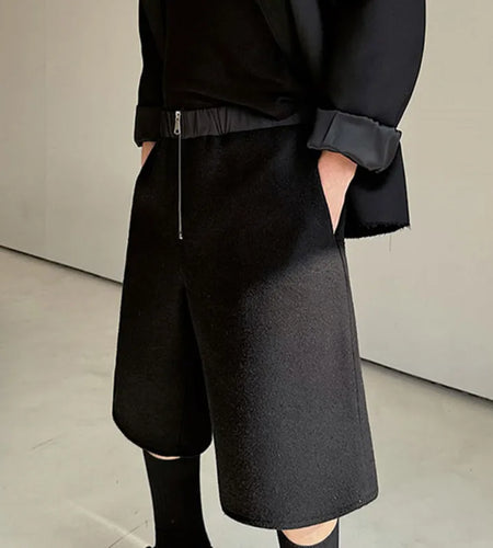 Men's Casual Shorts Elastic Waist Lace-up Versatile Zipper Placket Personalized Woolen Splicing Straight Wide Leg Capris