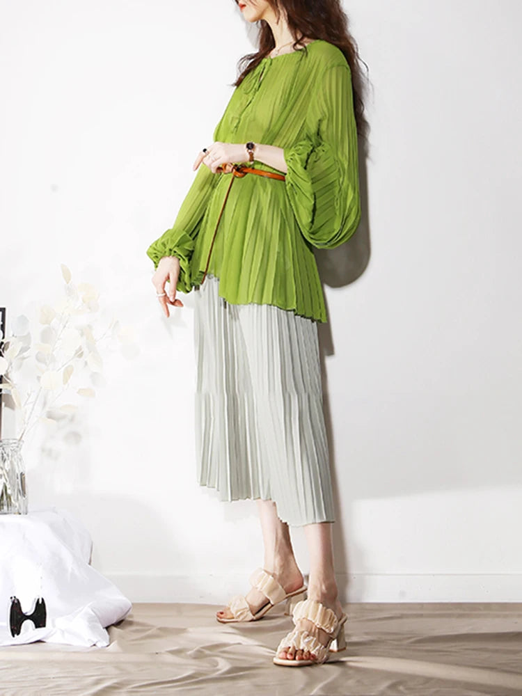 Loose Green Shirt For Women Round Neck Lantern Sleeve Solid Minimalist Blouses Female Fashion Spring Clothing Style