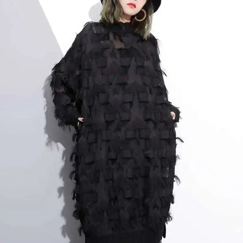 Load image into Gallery viewer, Spring Autumn Stand Collar Long Sleeve Perspective Black Loose Tassels Big Size Dress Women Fashion Tide JI780

