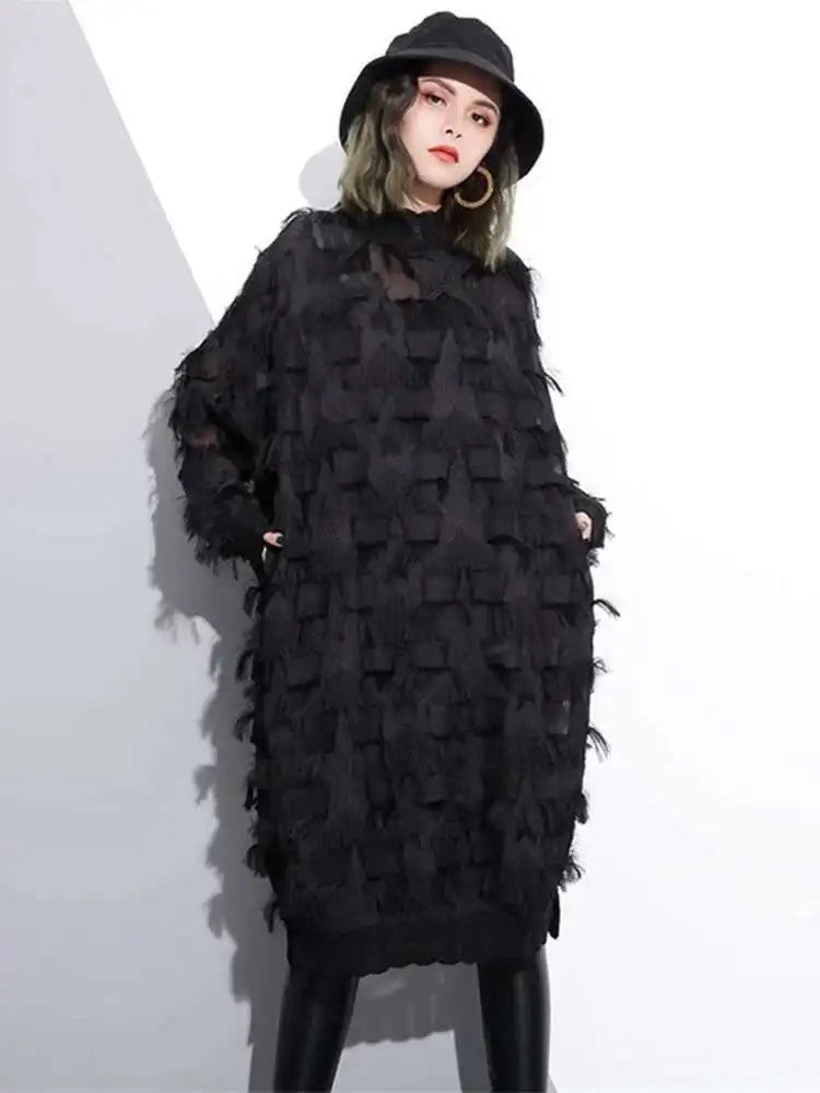 Spring Autumn Stand Collar Long Sleeve Perspective Black Loose Tassels Big Size Dress Women Fashion Tide JI780
