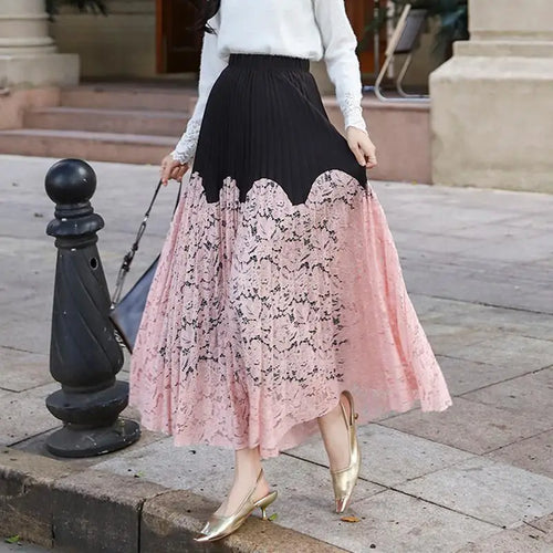Load image into Gallery viewer, Autumn Winter French Vintage Black White Patchwork Lace Long Skirt Women&#39;s 2024 Sweet Pink Elegant High Waist Pleated Skirt Chic
