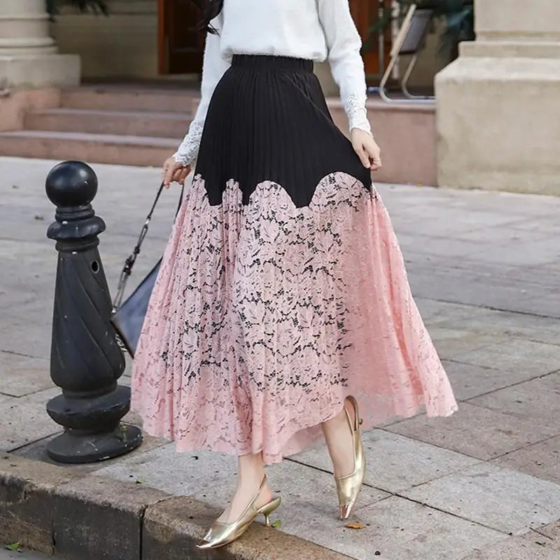 Autumn Winter French Vintage Black White Patchwork Lace Long Skirt Women's 2024 Sweet Pink Elegant High Waist Pleated Skirt Chic