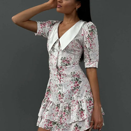 Load image into Gallery viewer, Short Sleeve Floral Mini Dress For Women Robe Turn-down Collar Elegant French Dress Ladies Fashion High Waist Dresses
